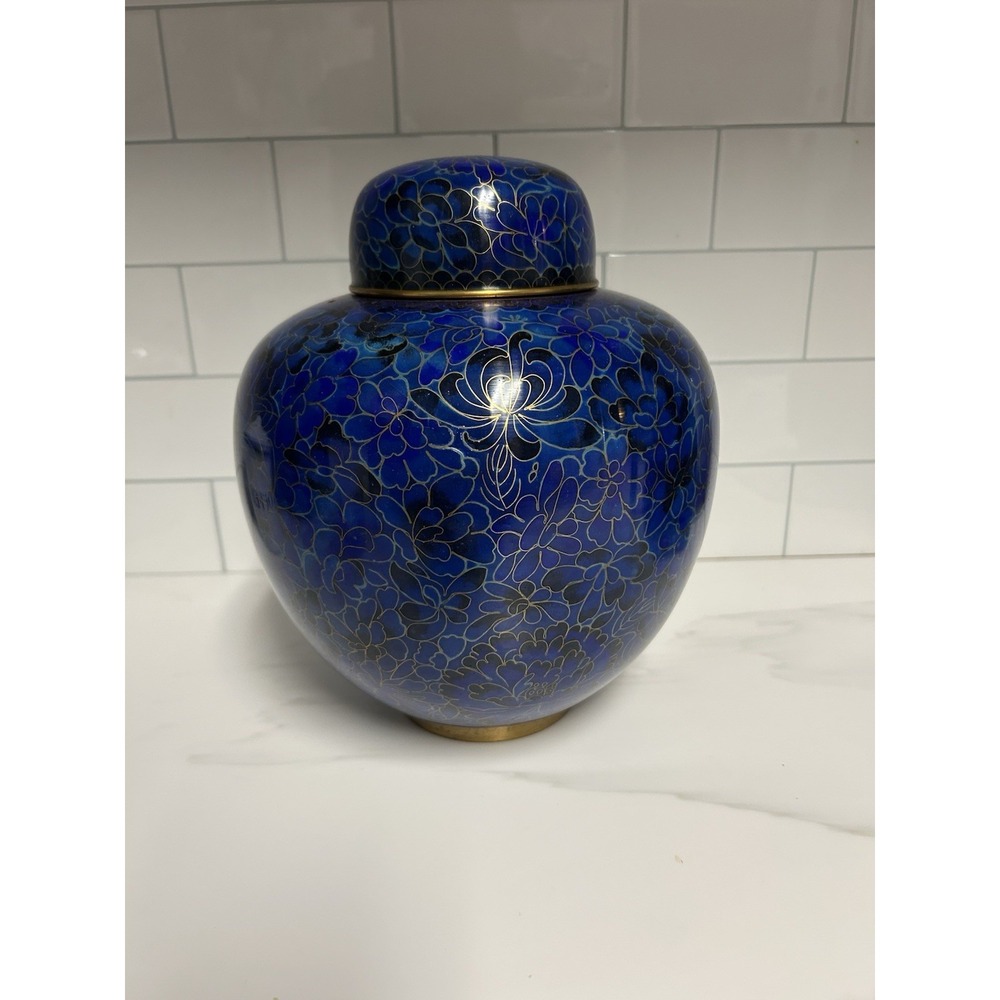 Vintage Chinese Cloisonné Ginger Jar Vase Urn Large 10" Blue Gold